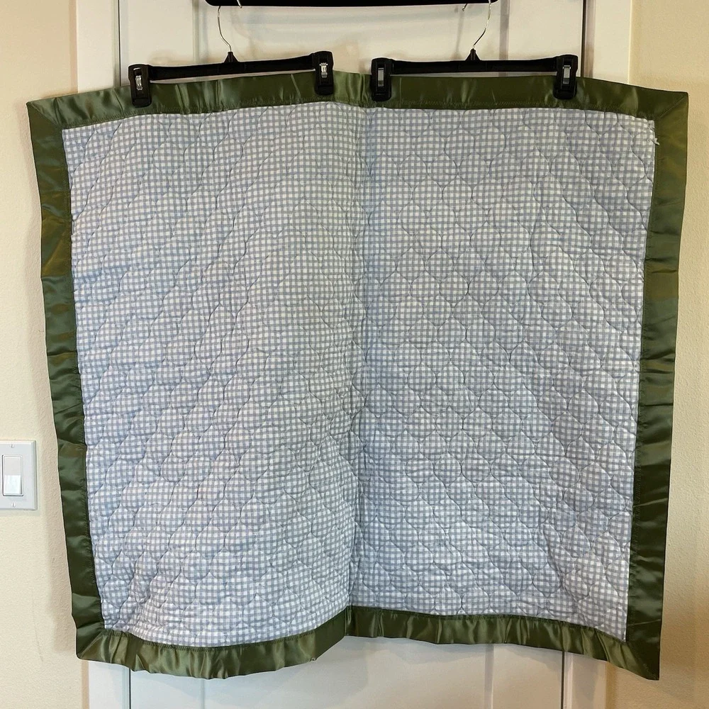 Baby Blanket Quilt Blue White Green Bear Giraffe Toy Satin VTG Cottage Farm Boho